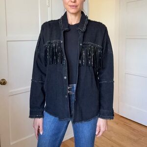 Zara Women’s Western Denim Shirt w Rhinestones + Fringe Detail